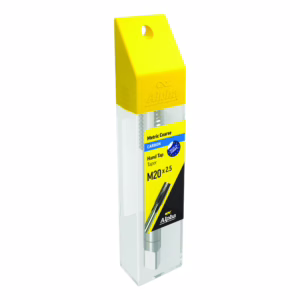 Yellow hand tap in a clear case with yellow cap; labeled M20 x 2.5, metric coarse, brand Alpha