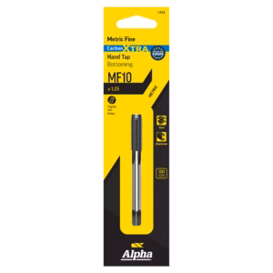 Yellow Alpha packaging for Metric Fine Carbon XTRA Hand Tap MF10; shows tapping tool for metal, with 1.25 thread pitch label (ISO 529). Use: tapping/drill accessory kit entry point.