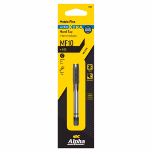 Product packaging for Alpha Metric Fine Carbon XTRA Hand Tap MF10 on yellow and black sleeve, blue band, for tapping steel and aluminum