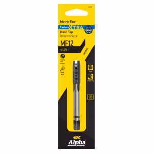 Yellow Alpha packaging for Metric Fine Carbon Xtra Hand Tap MF12, with a silver hand tap image