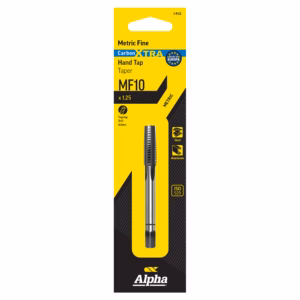 Packaging for Alpha Metric Fine CarbonXTRA Hand Tap MF10 (1.25x) in yellow/black. Contains tapping drill 8.8mm, used for steel and aluminum.
