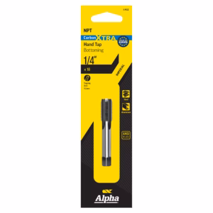 Packaging for Alpha CarbonXTRA NPT 1/4" hand tap (bottoming) with the tap tool visible on a yellow/black card
