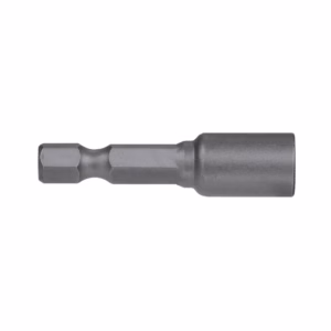 Metal socket adapter with a hex driver bit on the left and a cylindrical socket on the right.