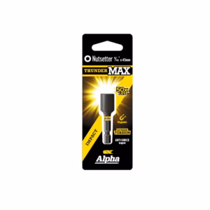 Packaging for Alpha ThunderMAX Nutsetter 5/16 x 45mm with magnetic anti-shock nut setter image on black and yellow card
