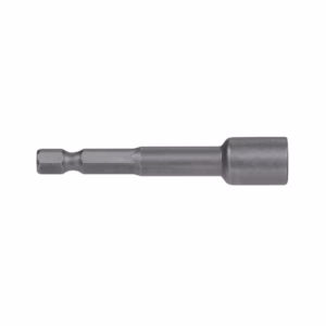 Long metal hex screwdriver bit with a cylindrical socket adapter, isolated on white background.