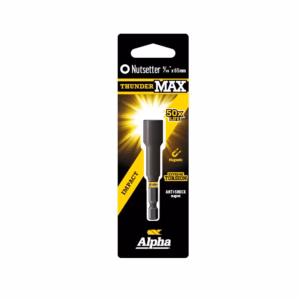 Nutsetter ThunderMAX 5/16 x 65mm on black-yellow Alpha packaging, highlighting magnetic feature and anti-shock design.