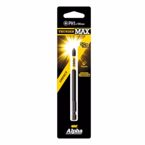 Packaging for Alpha Thunder Max PH1 × 100 mm impact bit with magnetic tip and extreme torsion, black and yellow design