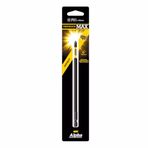 Packaging for Alpha Thunder Max drill bit showing a long black tool with magnetic tip and 50x life badge