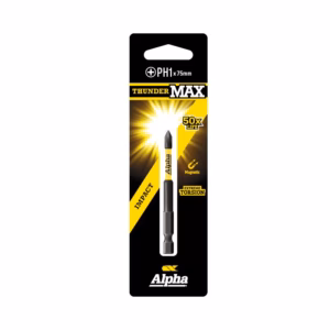 Packaging for Alpha Thunder Max impact bit, magnetic 1 x 75 mm, with yellow/black design and Alpha logo