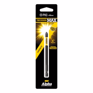 Alpha ThunderMAX PH2 drive bit, 100 mm, magnetic, with impact/torsion design, shown in black‑yellow packaging by Alpha.