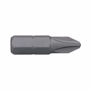 Metal screwdriver/drill bit with a hexagonal body and a pointed, multi-edged tip used to drive screws
