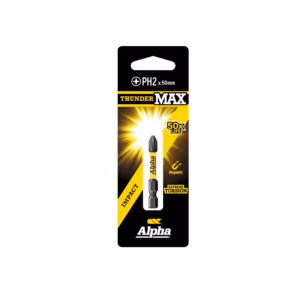 Product packaging for Alpha ThunderMAX PH2 50mm drill/driver bit, black and yellow with an image of the bit