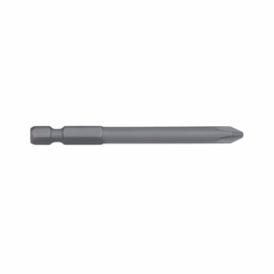Gray metal screwdriver bit with a hexagonal drive on the left, a long cylindrical shaft, and a narrow multi-pronged tip on the right.