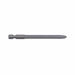 Metal drill bit with hexagonal shank and twist tip lying horizontally on a white background