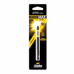 Alpha Thunder MAX PH2 92mm screwdriver bit in black-yellow packaging, highlighting magnetic tip and 50x life