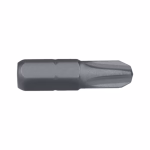 Metal screwdriver bit with a Phillips-style tip on a gray shank, isolated on white.
