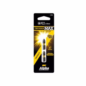 ThunderMAX precision drill bit package: two PZ2 bits, 25 mm, Alpha brand with magnetic, 50x life claim on vibrant black-yellow packaging.