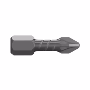 Interchangeable screwdriver bit with hex shank and a textured grip for driving screws.