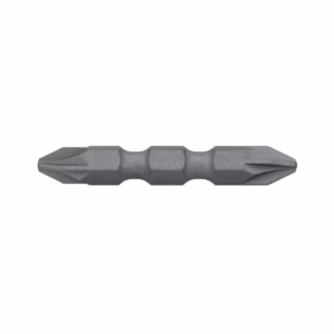Double-ended gray steel tool bit with pointed ends and a hexagonal central section, used for drilling or driving fasteners.