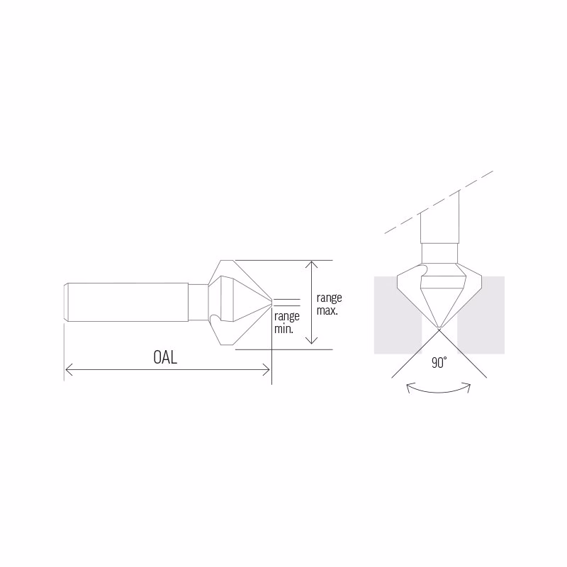 CS3-144_4 - Alpha Tools Line drawing of a handheld tool showing overall length and adjustable tip range (min to max).","Two-view schematic of a precision tip with a 90-degree orientation and range labels.","Technical illustration of a tool tip and clamping jaws with min/max range annotations.","Line diagram of a nozzle-like tip with adjustable range and a 90-degree view.