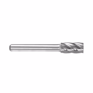 Metal drill bit with twisted flutes, horizontal, used for drilling metal.