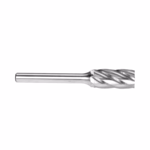 Twist drill bit made of metal with helical flutes, shown horizontally.