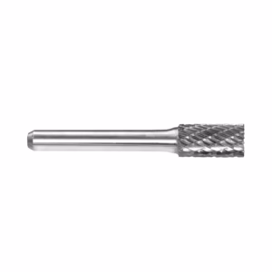 Cylindrical metal rotary burr with spiral cutting flutes on a shank, used for grinding metal and deburring