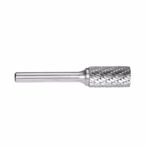 Cylindrical carbide burr with twisted fluted cutting head and smooth shank for rotary grinding.