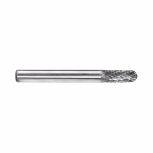 Horizontal metal drill bit with spiraled cutting flutes at the tip on a white background.