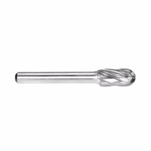 Metal end mill cutting tool with twisted flutes on a white background.