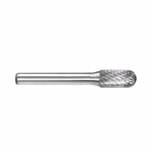 Cylindrical silver rotary tool burr with a knurled rounded end for grinding and shaping surfaces.