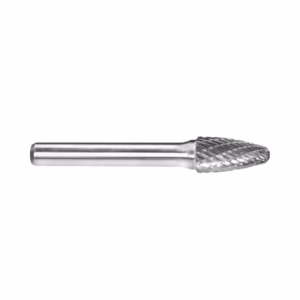 Cylindrical metal cutting burr with a diamond-coated, ridged tip used for shaping material