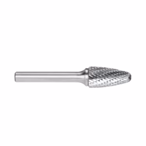 Metal rotary burr with a cylindrical shank and a diamond-patterned conical cutting head used for grinding or deburring