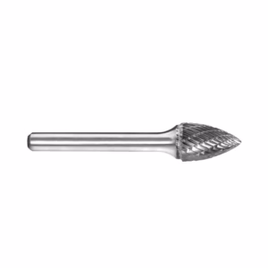 Metal rotary burr with a diamond-cut conical head used for shaping or grinding in industrial or dental work