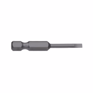 Single flat-head screwdriver bit with a hex shank used in power drills or drivers.
