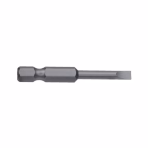 Long metal flat-head screwdriver bit on a white background, oriented horizontally