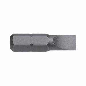 Metal screwdriver bit with a flat rectangular tip for slotted screws.