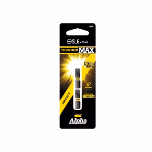 Package for Alpha ThunderMAX SL6 x 25mm, showing two metal connectors with yellow accents and branding on a black and yellow blister pack.
