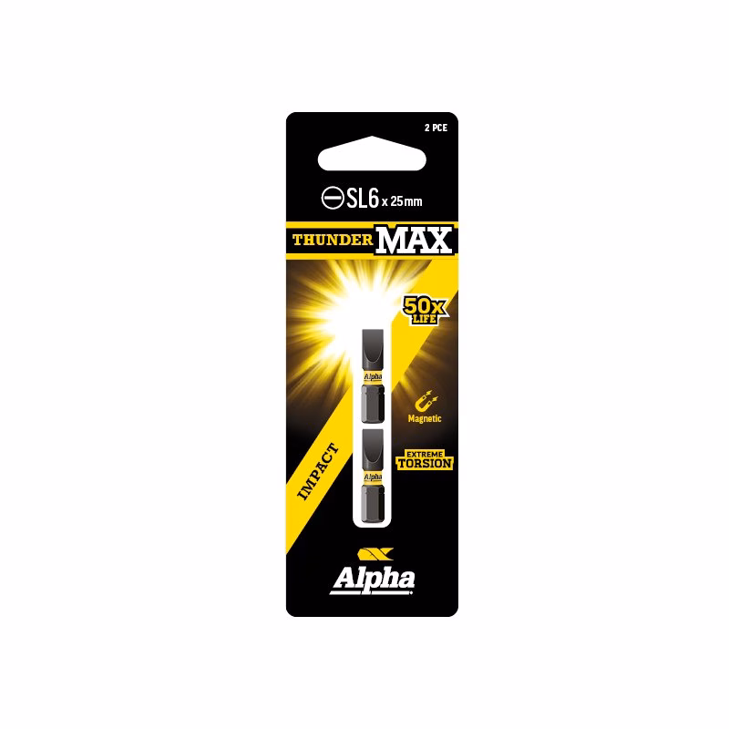 CSL625SM - Alpha Tools Package for Alpha ThunderMAX SL6 x 25mm, showing two metal connectors with yellow accents and branding on a black and yellow blister pack.