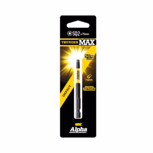 Alpha Thunder MAX screwdriver bit on black-yellow packaging, highlighting 50x life, magnetic and extreme torsion features