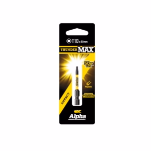ThunderMAX T10 torx screwdriver bit in yellow-and-black Alpha packaging, 50 mm long with magnetic tip design notes.