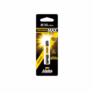 Product packaging for Alpha Thunder Max T40 x 50mm impact bit, yellow and black design, noting magnetic and extreme torsion features.