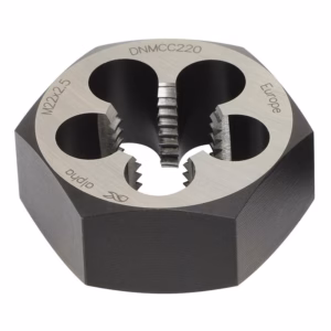 Multi-size threading die for cutting external threads; shows M22x2.5, Europe markings, and a central cutting blade on a hexagonal black body