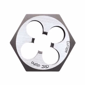 Close-up of a metallic hexagonal plate with a circular center featuring a three-petal cutout design. Edges are beveled and the center shows three connected circular gaps; faint text around the circle reads 'Europe' and 'India'.