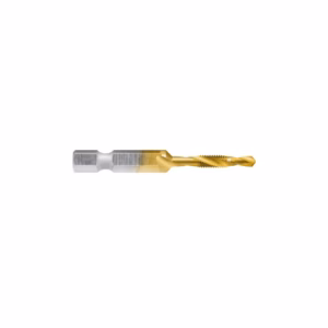 Gold-coated twist drill bit with silver shank, isolated on white background (metalworking cutting tool).