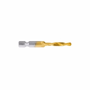 Gold-coated spiral drill bit with silver hex shank and twisted flutes,用于 drilling metal parts.