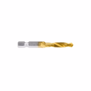 Gold-and-silver twist drill bit with hex shank, used for metal drilling.