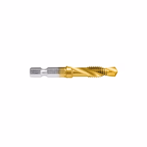Gold-colored drill/tap bit with spiral flutes and silver hex shank, a metalworking cutting tool.