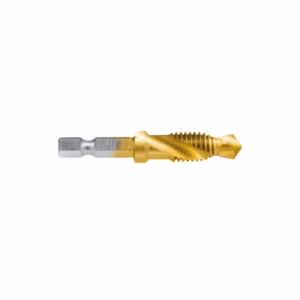 Gold-coated twist drill bit with a hex shank on a white background, shown isolated for drilling metal.