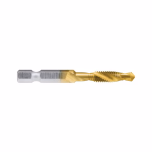 Two-tone drill bit (silver shank, gold-coated flutes) laid horizontally on a white background, showing its threading and cutting edges.